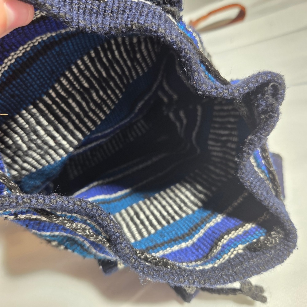 Boho Handwoven Mini Backpack Blue Striped Woven Festival Small Rucksack Bag - Picture 3 of 8